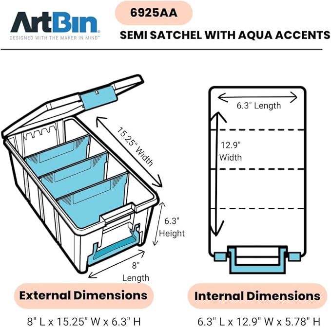 ArtBin 6925AA Semi Satchel with Removable Dividers, Portable Art & Craft Organizer with Handle, [1] Plastic Storage Case, Clear with Aqua Accents
