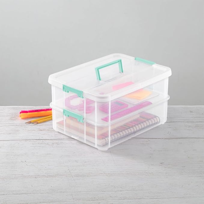 Sterilite 4-Pack Stack & Carry, 2 Layer Handle Box for Home & Office Storage - Clear Base & Lid with Color Latches, Organizer for Art & Craft Supplies, Sewing Tools or 8.5" x 11" Paper