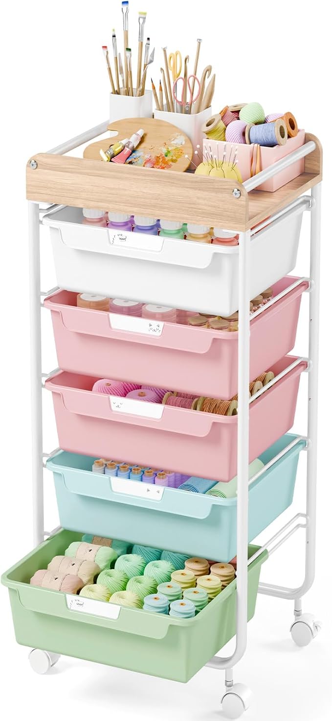 SYKIARIOL Rolling Storage Utility Cart with 5 Drawers,Craft Cart with Wheels,Makeup Organizer,Art Supply and Storage Wooden Tabletop,Colorful