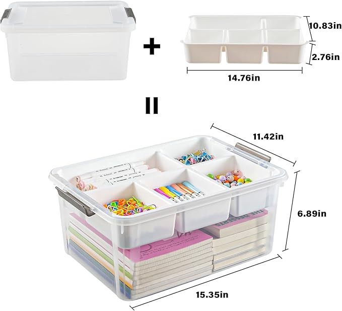 Stebopum 17 QT Plastic Storage Box with Removable Tray Art Supply Craft Organizers and Storage Stackable Storage Container for Organizing Bead, Tool, Sewing, Book, Crayon, Playdoh(Clear)