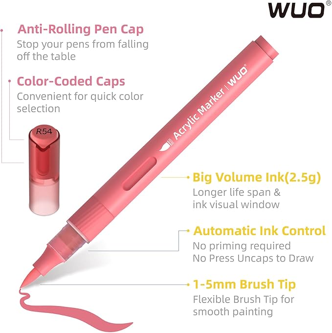 WUO 84 Colors Acrylic Paint Markers, High Opacity Automatic Ink Control Brush Tip Pens, Water-Based No-Bleed Markers for Rock, Canvas, Wood, Glass, Ceramic, and DIY Art Supplies