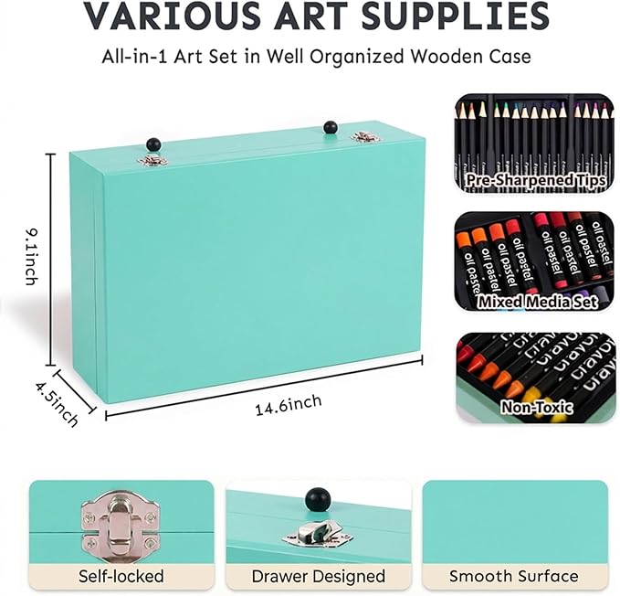 175-Pack Deluxe Wooden Art Set Drawing Painting Kit with 2 Drawing Pads, Acrylic Paints, Colored Pencils, Crayons, Paint Brush, Art Kit in Wooden Case, Gift for Artist, Adults, Teens and Kids