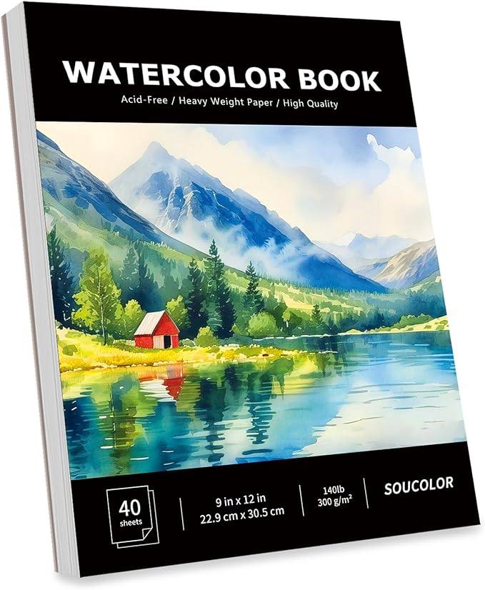Soucolor 40 Sheets Watercolor Paper Pad, 9"x12" Water Color Paper, 140lb/300gsm Artist Painting Drawing Paper Book, Art Supplies for Adults, Watercolor Paint Set, Sketchbook, Journal, Notebook