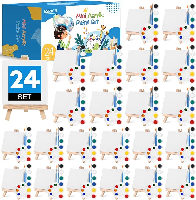 ESRICH 24 Set Mini Acrylic Paint Kit, Mini Stretched Canvas with Easel, Valentines Day Gifts, Acrylic Paint Strips, Paint Palettes, Painting Brushes, Canvas and Easel Set for Kids Artists Beginner