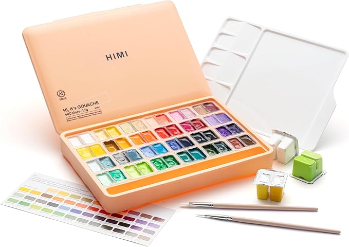 HIMI Twin Cup Jelly Gouache Paint Set with 3 Paint Brushes, 48 Colors 12g, Jelly Cup Design, Non Toxic Paint for Canvas and Paper, Art Supplies for Professionals (Peach Fuzz)