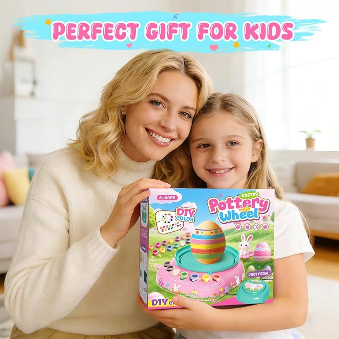 Easter Pottery Wheel for Kids Complete DIY Pottery Painting Kit, Arts and Crafts for Kids Ages 8-12 with 3 Air-Dry Clay Packs and Tools, Art Supplies Toys Birthday Gift for Boys Girls 6+ Years Old