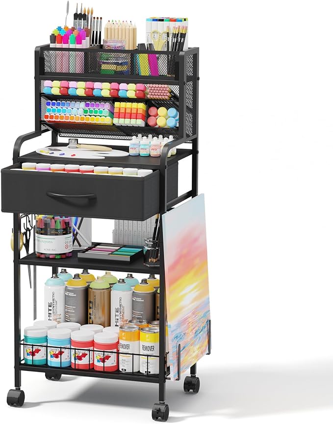 Homsorout Art cart, 3 Tier Rolling Cart - Utility Cart with Storage Drawer and Wheels, Versatile Art & Craft Organizer for Home, Office, or Studio Ideal for Storing Brushes, Paints (Black)
