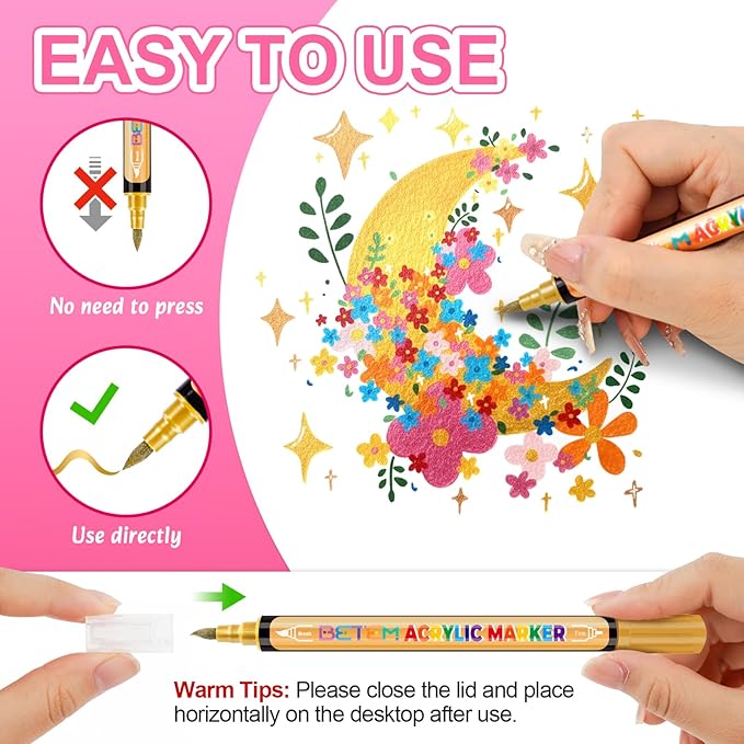 Betem Dual Tip Acrylic Paint Pens, 24 Metallic Paint Markers for Glass, Window, Fabric, Wood, Rock, Canvas, Acrylic Markers with Fine & Brush Tip, Art & Craft Supplies, Teacher Appreciation Gift