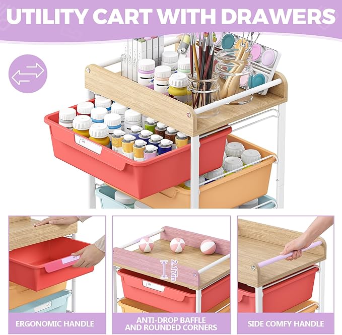 SYKIARIOL 6 Drawer Rolling Cart for Craft Storage,Utility Drawer Organizer with Handle and Wooden Top,Storage on wheels for Office,Classroom,Laundry,Garage,Snack,Art Supply