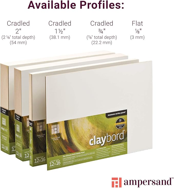 Ampersand Art Supply Claybord | 6" x 6" | 1-1/2" Cradled Profile | Kaolin Clay Painting Panel for Acrylic, Ink, Watercolor & Mixed Media | Canvas & Paper Alternative