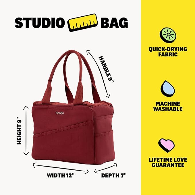 Soolla Studio Bag: Art Supply Organizer & Pottery Tool Bag, Washable Craft Tote, Knitting Yarn Holder, Crochet Projects, 30 Pockets, 20+ Canvas Colors, Gift for Artists & Teachers (Sangria Red)