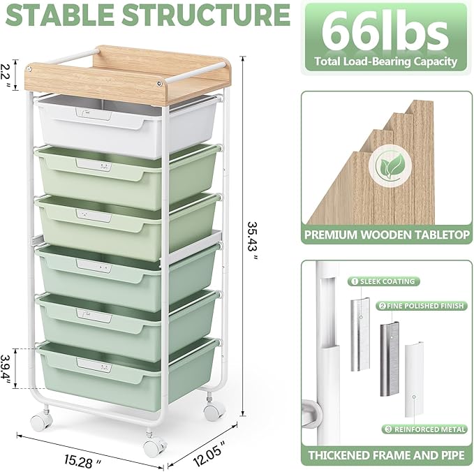 SYKIARIOL Rolling Cart with 6 Drawers,Utility Storage Cart with Drawers,Art Craft Organizers and Storage,Makeup Organizer with Wooden Tabletop,Green