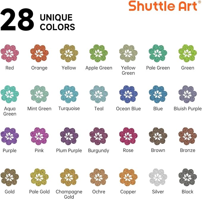 Shuttle Art 28 Metallic Colors Dual Tip Acrylic Paint Markers, Dot Tip and Fine Tip Acrylic Paint Pens for Rock, Ceramic, Wood, Canvas, Plastic, Glass, Stone, Calligraphy, Card Making, DIY Crafts