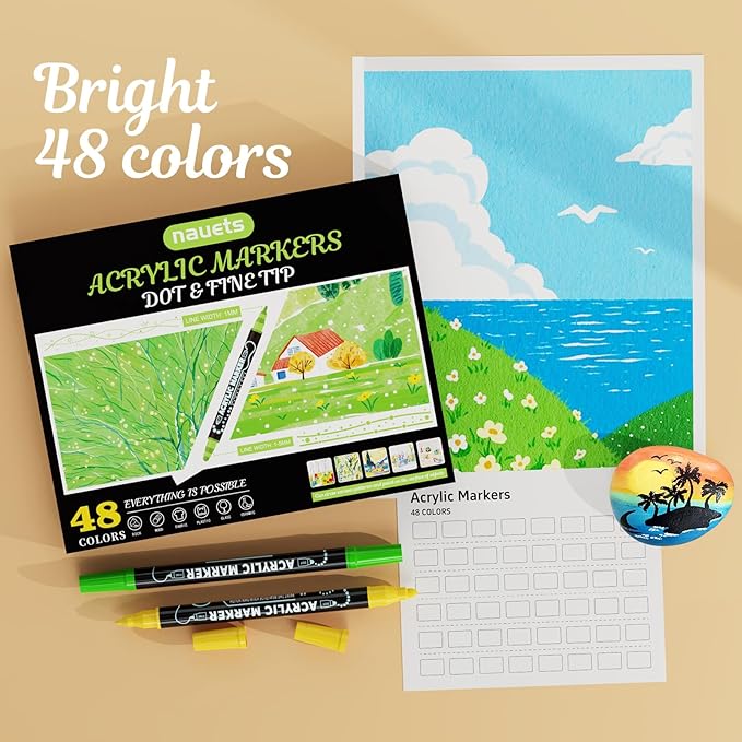48 Colors Dual Tip Acrylic Paint Markers, Premium Dot & Fine Tip Coloring Paint Pens for Rock, Wood, Fabric, Canvas, Glass, Paper, Ceramic, Scrapbook, Vision Board and DIY Crafts Supplies Art Gifts