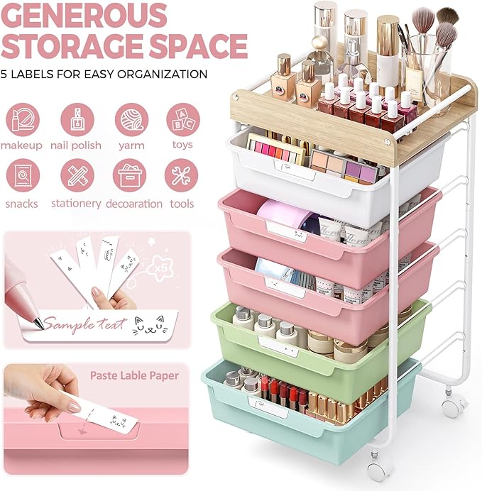 SYKIARIOL Rolling Storage Utility Cart with 5 Drawers,Craft Cart with Wheels,Makeup Organizer,Art Supply and Storage Wooden Tabletop,Colorful
