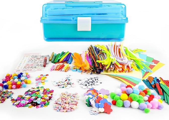 SMILESSKIDDO Arts Craft Supplies for Kids - 1000+ PCS Toddler DIY Craft Art Supply Set, Portable 3 Layered Folding Storage Box School Craft Projects - Gifts for Girls Ages 4-8, 8-12, Blue
