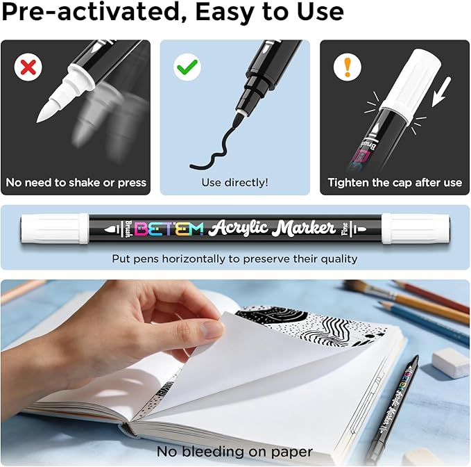 Betem Dual Tip Acrylic Paint Pens, Black & White Paint Markers for Glass, Window, Fabric, Wood, Rock, Canvas, Acrylic Markers with Fine & Brush Tip, Art & Craft Supplies, Teacher Appreciation Gift