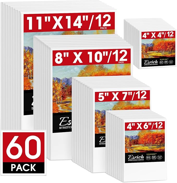 ESRICH Stretched Canvas for Painting, 60 Pack Multi Size11x14, 8x10, 5x7, 4x6, 4x4, Blank Primed Canvases for Oil & Acrylic Painting, Painting Canvas Supplies for Beginners, Artists(12 of Each).
