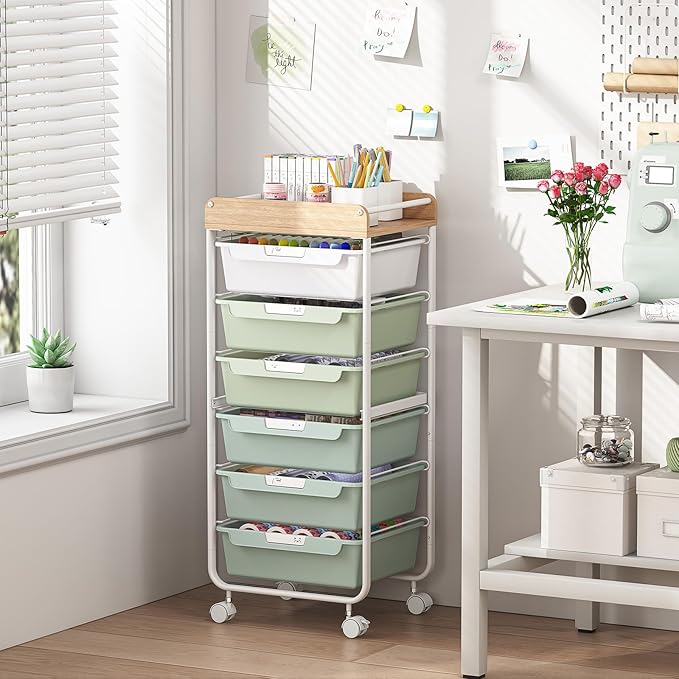 SYKIARIOL Rolling Cart with 6 Drawers,Utility Storage Cart with Drawers,Art Craft Organizers and Storage,Makeup Organizer with Wooden Tabletop,Green