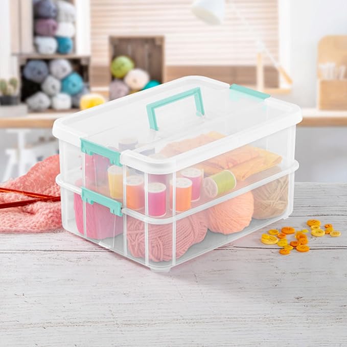 Sterilite 16-Pack Stack & Carry, 2 Layer Handle Box for Home & Office Storage - Clear Base & Lid with Color Latches, Organizer for Art & Craft Supplies, Sewing Tools or 8.5" x 11" Paper