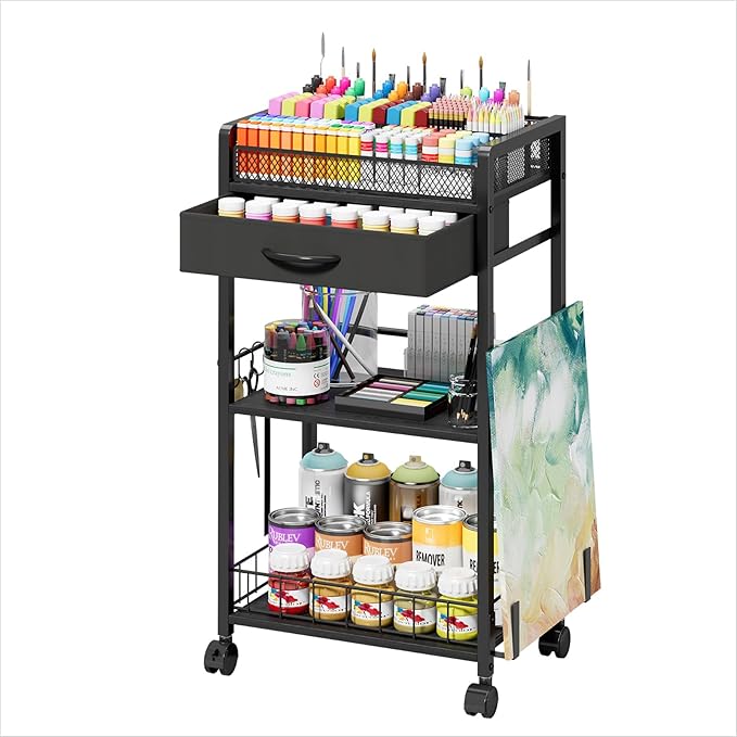 Homsorout 3 Tier Rolling Cart - Metal Utility Cart with Storage Drawer and Wheels, Versatile Art & Craft Organizer for Home, Office, or Studio Ideal for Storing Brushes, Paints, and Supplies Black