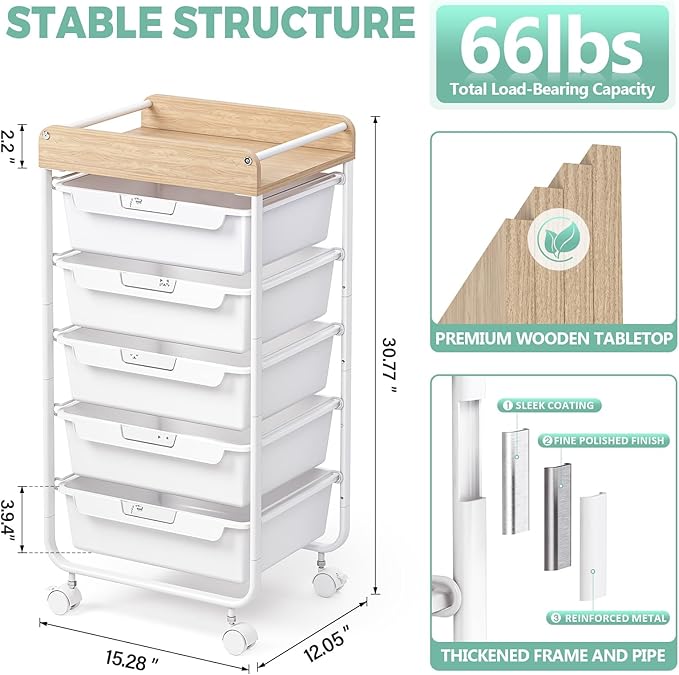 SYKIARIOL Rolling Cart with 5 Drawers,Art Craft Cart,Storage Utility Cart with Wheels,Makeup Organizer with Wooden Tabletop,White