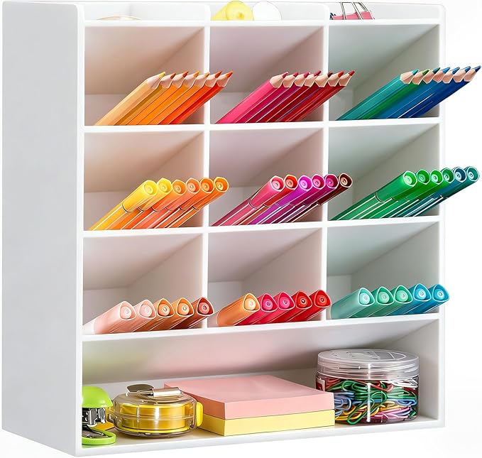 BEYGORM White Acrylic Vertical Marker Organizer for 150 Markers with 13 Compartments, Angled Pen & Pencil Holder, Large Desk Stationery & Art Supply Storage for Office & School (10.2 x 9.8 x 4 Inch)