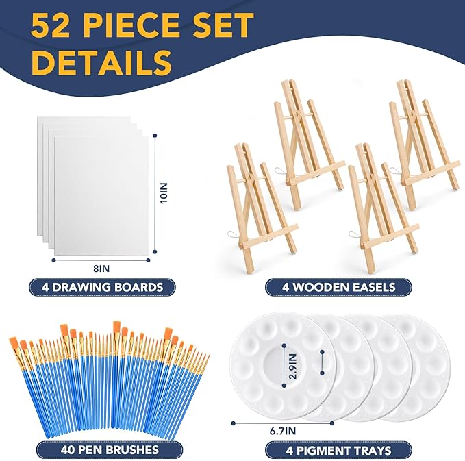 AROIC 52 PCS Canvas and Easel Set，Painting Set with Easels, 4 Wood Easels,40 Brushes with Nylon Brush Head,4 Drawing Boardart and 4 Palette, Painting Supplies kit for Adults to Painting Party