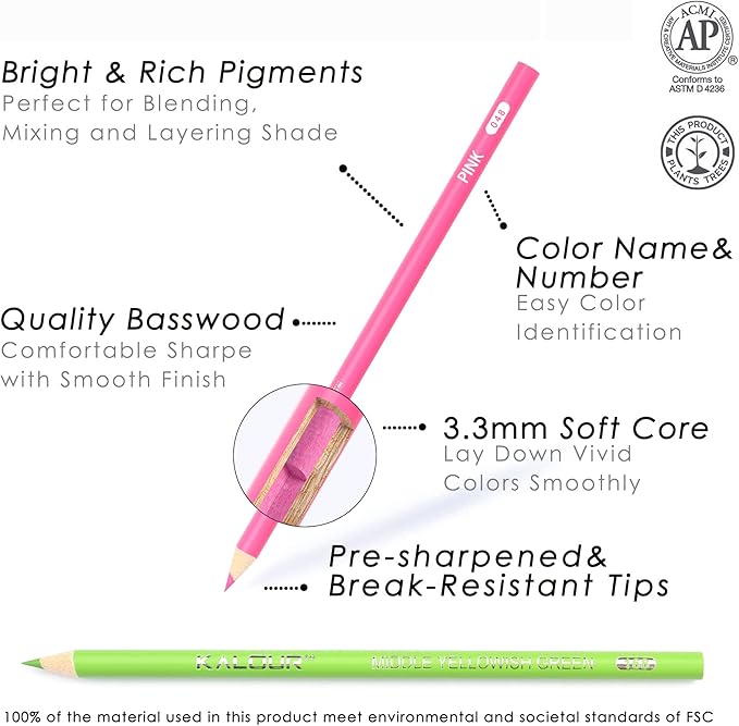 KALOUR 180 Colored Pencil Set for Adults Artists - Rich Pigment Soft Core -12 Metallic Pencil - Ideal for Coloring Drawing Sketching Shading Blending - Vibrant Color（Tin Case）