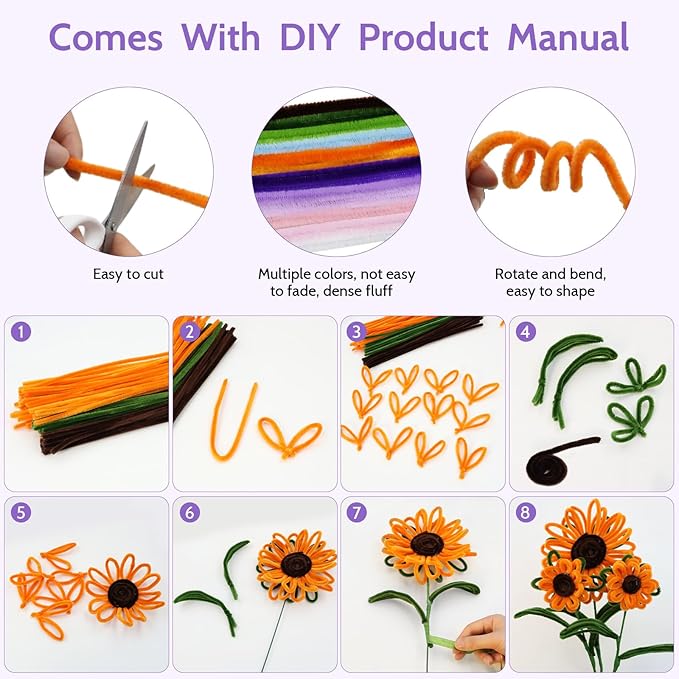 800 PCS Pipe Cleaners Craft, Pipe Cleaners Flowers Kit with Handle, 13 Colors Chenille Stems with Instruction, Art and Craft Supplies