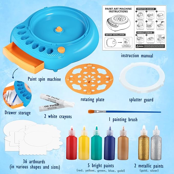 Spin Art Machine for Kids - Paint Spinner Art Craft Kit with 36 Artboards & 7 Colors - Arts and Crafts Painting Set for Boys Girls Ages 4-12, Birthday Easter Gifts for 6 7 8 9 10 Year Old（Blue）