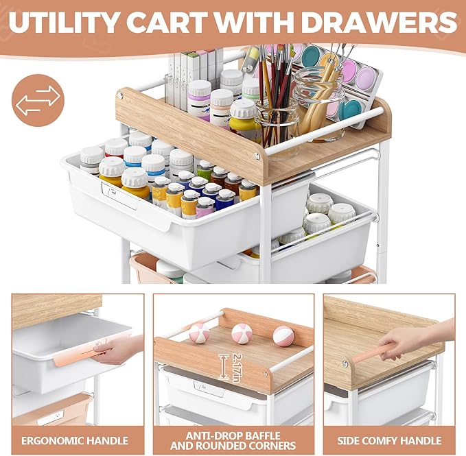 Rolling Storage Utility Cart With 4 Drawers,Kids Craft Art Cart,Makeup Organizer And Storage with Wooden Tabletop,Pearl