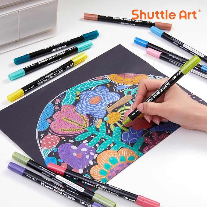 Shuttle Art 28 Metallic Colors Dual Tip Acrylic Paint Markers, Brush Tip and Dot Tip Acrylic Paint Pens for Rock, Ceramic, Wood, Canvas, Plastic, Glass, Stone, Calligraphy, Card Making, DIY Crafts