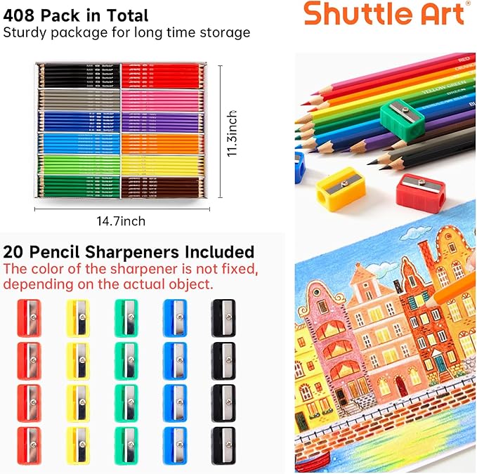 Shuttle Art Colored Pencils Bulk, 408 Pack Coloring Pencil Set Plus 20 Sharpeners, 12 Assorted Colors, Classroom Pack School Supplies