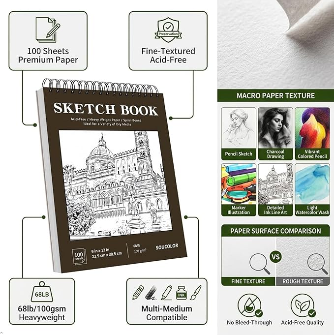 Soucolor Sketchbook 8.5x11 Hard Cover Spiral Bound, 100 Sheets 68lb/100gsm Thick Acid-Free Drawing Paper Lay Flat Sketch Pad Art Notebook for Adults Artists Teachers Students Classroom