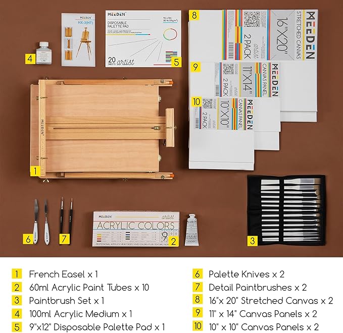 MEEDEN Art Set with French Easel for Professional Artist,Supplies Acrylic Painting(10-60ML) Kit with Paintbrushes for Adults,Pre Painter and Canvas Drawing Starter-Prime Art Series