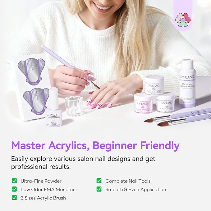 SAVILAND Essentials Acrylic Nail Kit For Beginners: Ultimate All-In-1 Acrylic Set with EMA Monomer Practice Finger Nail Drill U V Light Full Tools For Women Gift
