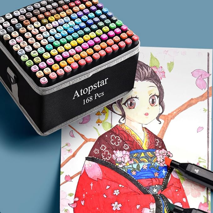 ATOPSTAR 168 Colors Alcohol Markers Artist Drawing Dual Tip Marker Pen for Adult Coloring Painting Supplies Perfect for Kids Boys Girls Students Adult(168 Black Shell)