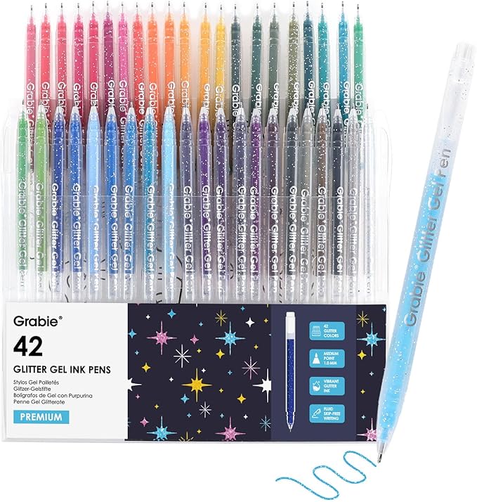Grabie Set of 42 Glitter Gel Pens Set, Silver Sparkle Ink, 1.0mm Fine Tip Gel Pens for Adult Coloring Books, Journaling, Drawing, Scrapbooking, Smooth Writing Art Supplies