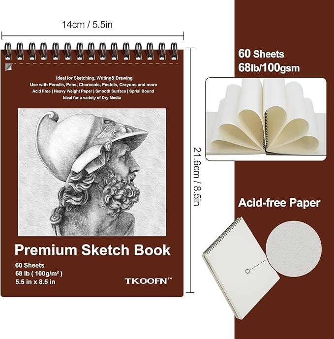 TKOOFN 10 Pack 5.5" x 8.5" Sketch Book Bulk (600 Sheet Total), Top Spiral Bound Premium Sketchbook Drawing Pads(68lb/100gsm), Acid-Free Painting Paper Drawingbook for Adults Kids Artists Beginners