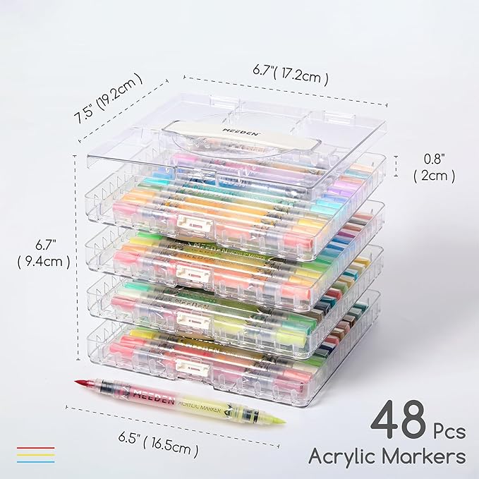 MEEDEN Acrylic Paint Markers Dual Tip: 96 Colors/48 Pcs Brush Tip Acrylic Marker with Automatic Ink Control for Art Supplies - Quick Dry Paint Pens for Rock, Wood, Glass, Easter Basket Stuffers