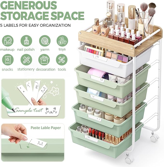 SYKIARIOL Rolling Storage Utility Cart with 5 Drawers,Craft Cart with Wheels,Makeup Organizer,Art Supply and Storage Wooden Tabletop,Green