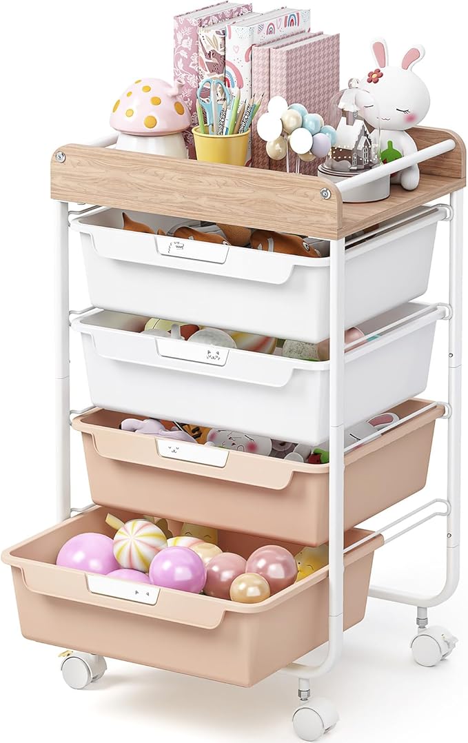 Rolling Storage Utility Cart With 4 Drawers,Kids Craft Art Cart,Makeup Organizer And Storage with Wooden Tabletop,Pearl