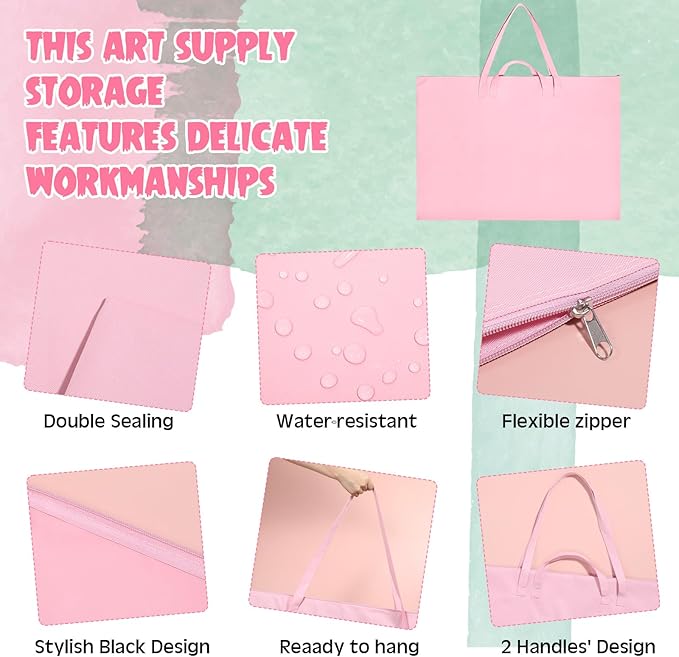 Abbylike 1 Pcs 48 x 36 Inch Art Portfolio Bag Large Size Art Supply Bag with Nylon Shoulder Waterproof Poster Board Painting Drawing Sketch Storage Carry Case for Artwork Gift Supplies (Pink)