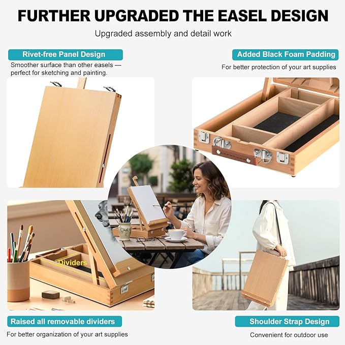 Beechwood Tabletop Easel for Painting, Portable Adjustable Sketchbox Art Easel Stand with Detachable Shoulder Strap for Beginners and Art Lovers