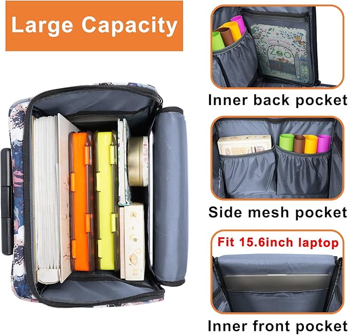 YOREPEK Rolling Craft Bag, Large Roller Scrapbook Tote with Wheels, Water Resistant Scrapbooking Rolling Briefcase for Scrap Book Stickers Supplies and Tools, Gift for Crafter Artist Teacher, Floral