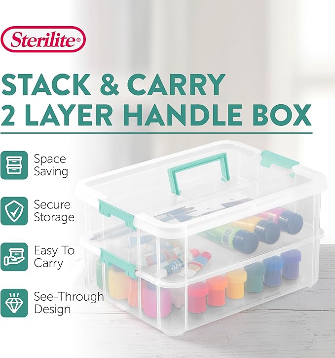 Sterilite 4-Pack Stack & Carry, 2 Layer Handle Box for Home & Office Storage - Clear Base & Lid with Color Latches, Organizer for Art & Craft Supplies, Sewing Tools or 8.5" x 11" Paper