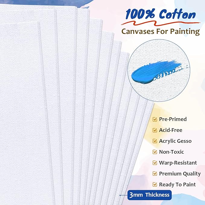 Halobios 12-Pack 9x12 inch Canvas Boards for Painting, Canvas Panels for Kid & Adults 100% Cotton Gesso Primed Art Painting Supplies for Acrylic, Oil, Tempera & Watercolor