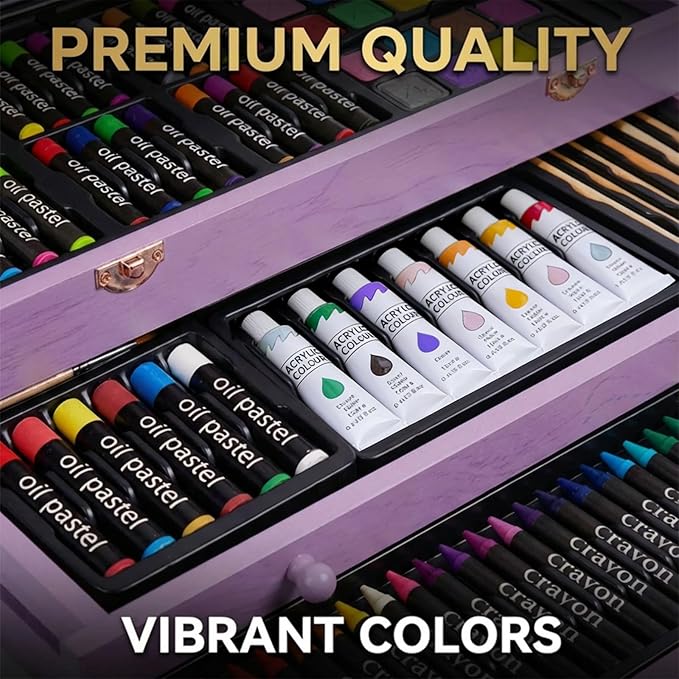 175 Piece Deluxe Art Set with 2 Drawing Pads, Acrylic Paints, Crayons, Colored Pencils, Paint Set in Wooden Case, Professional Art Kit, Art Supplies for Adults, Teens and Artist, Paint Supplies