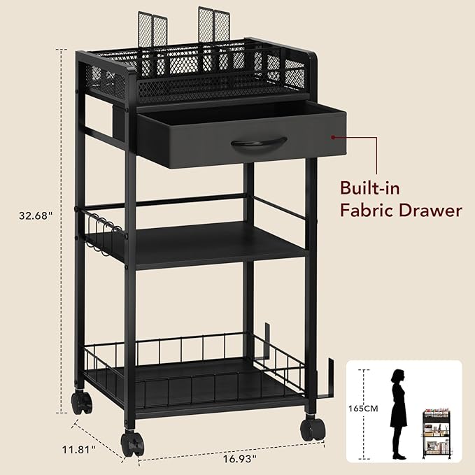 Homsorout 3 Tier Rolling Cart - Metal Utility Cart with Storage Drawer and Wheels, Versatile Art & Craft Organizer for Home, Office, or Studio Ideal for Storing Brushes, Paints, and Supplies Black